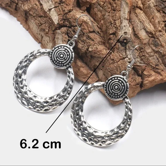 Any 2/$20! Dimpled Silver Circular Boho Drop Earrings - Picture 4 of 6